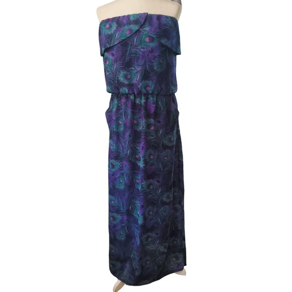 Kira Dresses & Skirts - Kira Women’s Medium Purple/Green Strapless Peacock Feather Maxi Dress Pockets